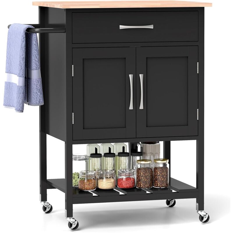 Costway - Desserte de Cuisine à roulettes, Chariot de Service Mobile, Tiroir, Armoire à 2 Portes, Plateau Inférieur, Porte-Serviettes, Chariot de
