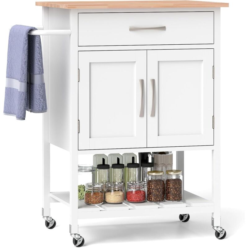 Costway - Desserte de Cuisine à roulettes, Chariot de Service Mobile, Tiroir, Armoire à 2 Portes, Plateau Inférieur, Porte-Serviettes, Chariot de