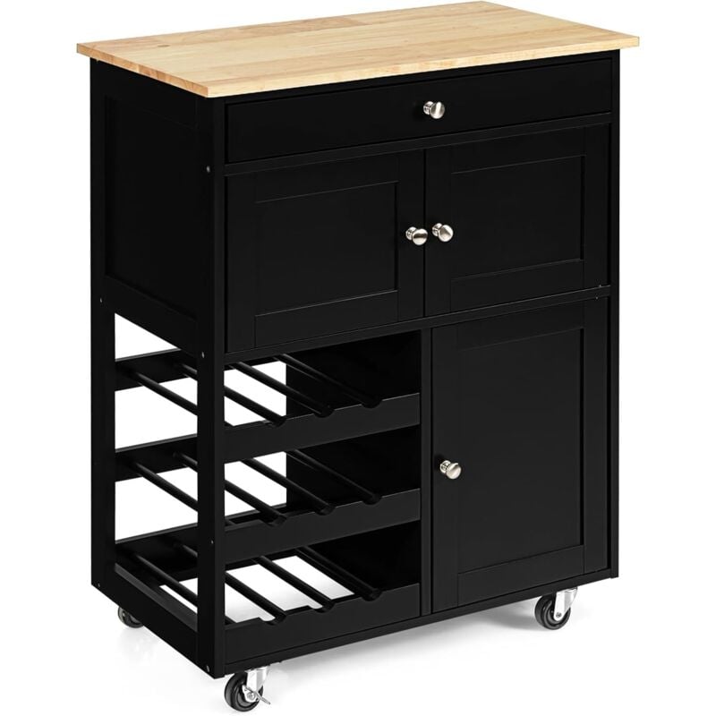 Costway - Desserte de Cuisine à roulettes, Rangement Cuisine Plateau en Bois d'Hévéa, Tiroir, Porte-Bouteilles à 3 Niveaux et 2 Placards, Idéal pour