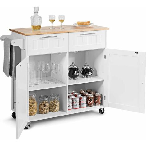 Costway – Desserte de cuisine avec 2 tiroirs et 2 placards – Bois d'hévéa et MDF – Dimensions 94x45x94,5 cm – 4 roues universelles et porte-serviettes
