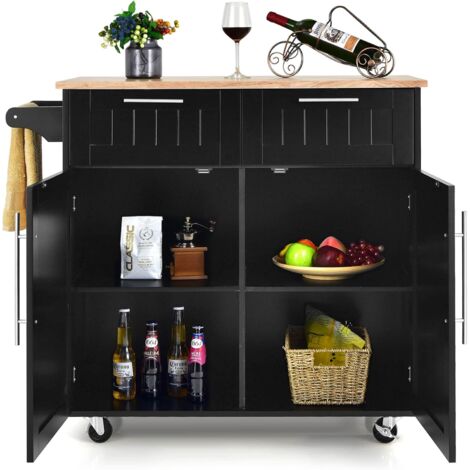 Costway – Desserte de cuisine avec 2 tiroirs et grand placard – Bois d'hévéa et MDF – Dimensions 94x41x94cm – 4 roues universelles avec freins – Noir