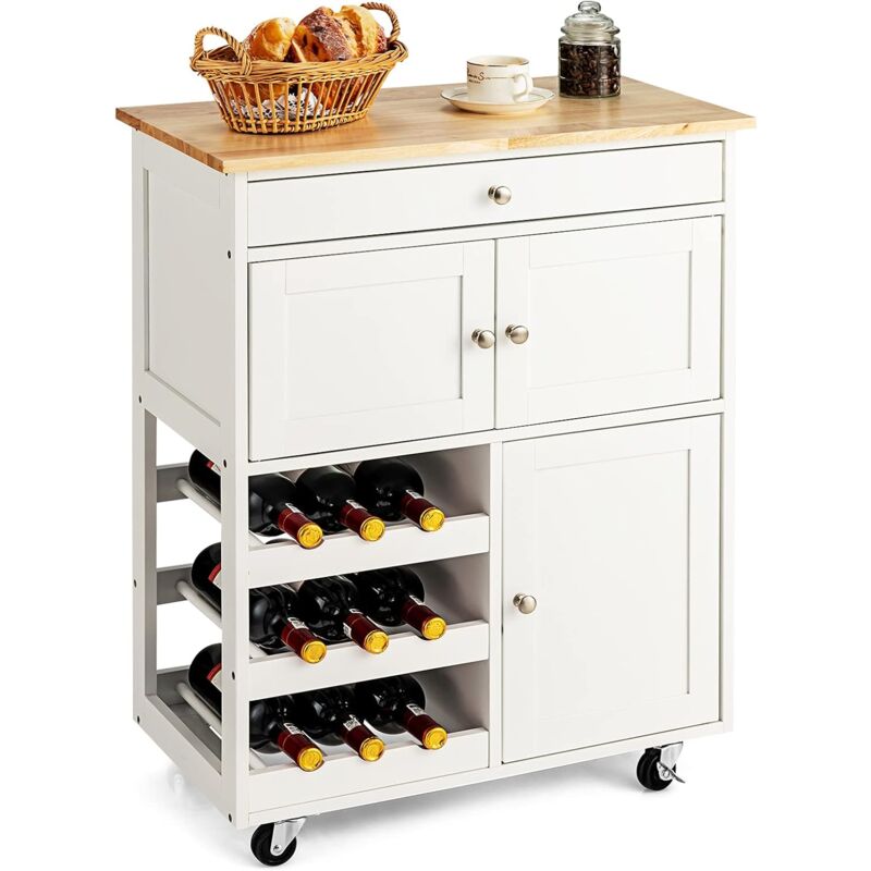 COSTWAY Desserte de Cuisine en Bois d’Hévéa et en MDF à Roulettes avec Tiroir, Porte-Bouteilles à 3 niveaux et 2 Placards Blanc