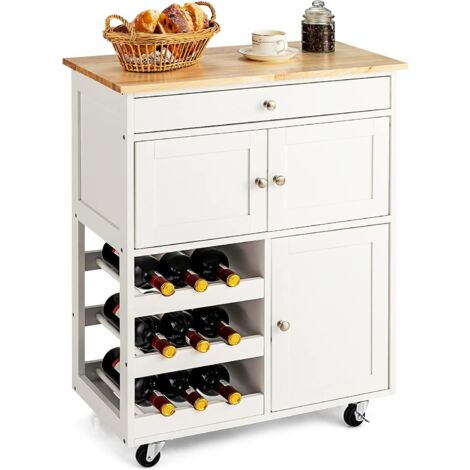 Costway – Desserte de cuisine en bois d'hévéa et MDF – 3 niveaux de rangement avec porte-bouteilles – Roulettes pivotantes 360° – Dimensions 67x37x86 cm
