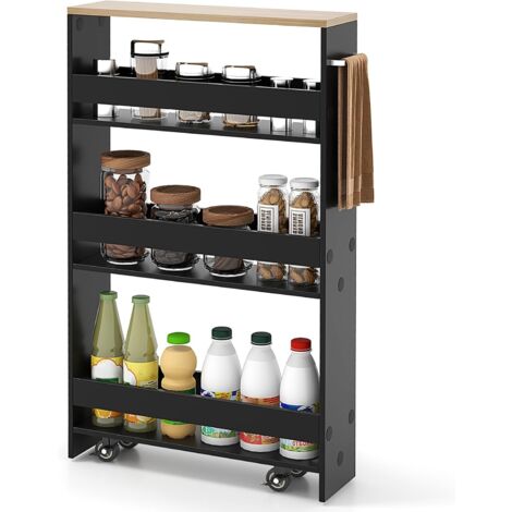 Costway – Chariot de rangement à roulettes pour cuisine – Desserte 4 niveaux 47,5 x 13 x 80,5 cm – Bois d'ingénierie et métal – Roues verrouillables