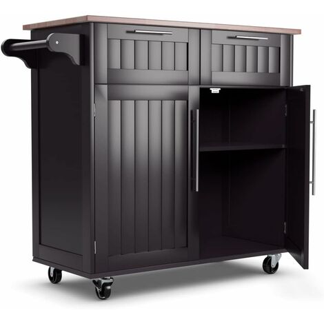 Costway – Desserte de cuisine îlot central avec 2 tiroirs et 2 placards – Bois d'hévéa et pin – 94x41x94cm – 4 roues universelles avec freins – Brun