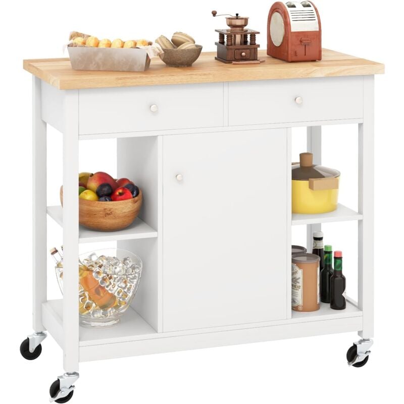 Costway - Desserte de Cuisine Mobile, Ilot de Cuisine Roulant, Plateau en Bois d'Hévéa, 4 Étagères Ouvertes, 2 Tiroirs, 1 Armoire Fermée, Chariot de
