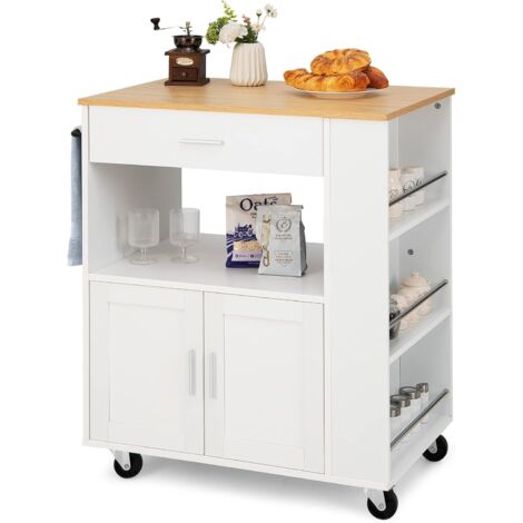Costway – Desserte de cuisine sur roulettes – 2 roulettes verrouillables – 3 casiers à épices – 1 tiroir – Étagère ouverte 82x50x92cm – Bois d'ingénierie blanc