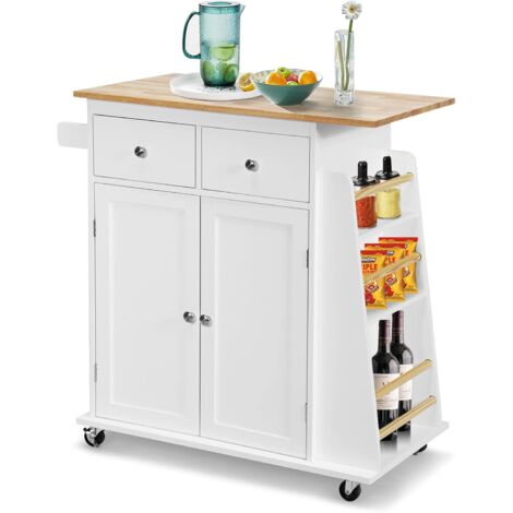 COSTWAY Desserte de Cuisine sur roulettes/Chariot de Cuisine Plateau en Bois d'hévéa, Porte-Serviettes, 1 Tiroir et Armoire avec Étagère Réglable 88x46x90cm, Blanc