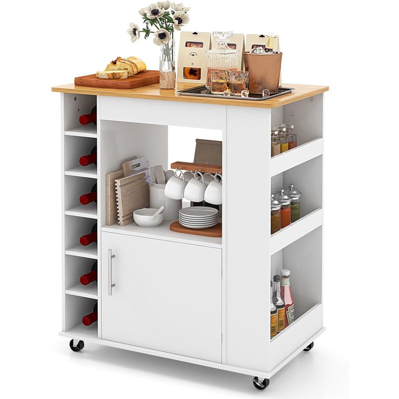 Costway – Desserte de cuisine sur roulettes – Chariot en bambou avec casier à vin 6 bouteilles – Support à épices – Roues verrouillables 44 x 76 x 89