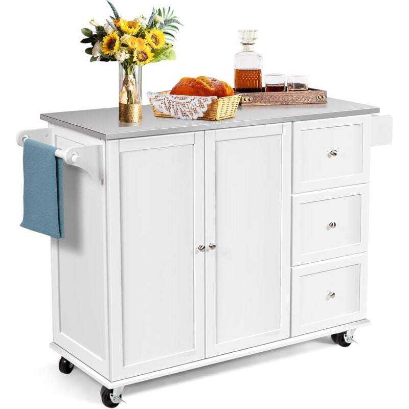 Costway - Desserte de Cuisine sur roulettes, Îlot Central Cuisine Plateau en Acier Inoxydable, avec 3 Tiroirs, Armoire à 2 Portes, Etagères