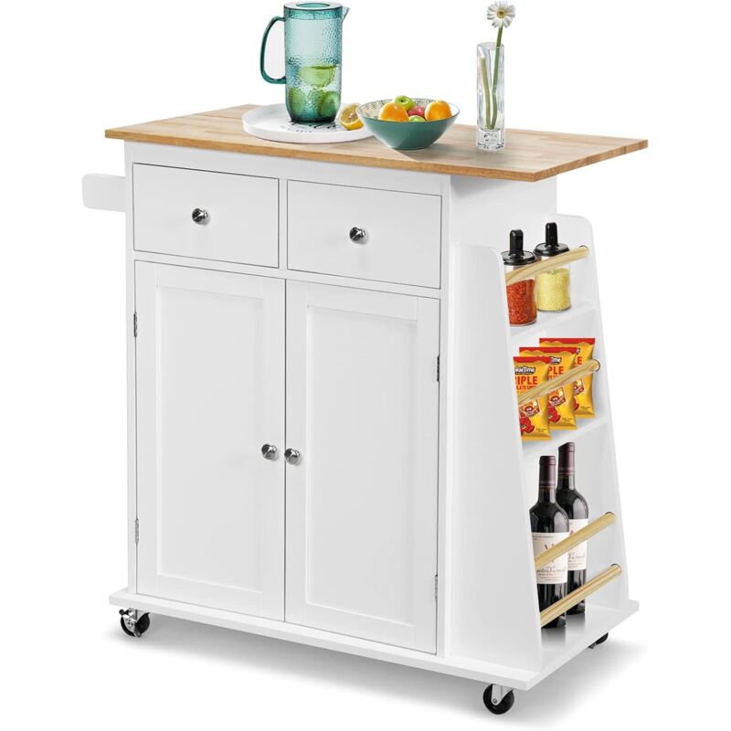 Costway - Desserte de Cuisine sur roulettes/Chariot de Cuisine Plateau en Bois d'hévéa, Porte-Serviettes, 1 Tiroir et Armoire avec Étagère Réglable