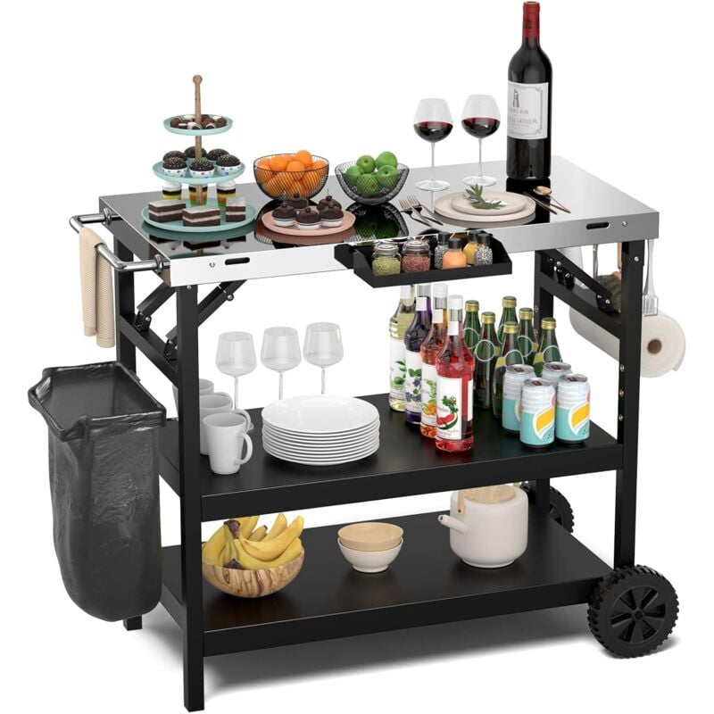 Costway - Desserte Extérieure à roulettes à 3 Étagères, Chariot Service de Cuisine Étagère Réglable Support de Téléphone et Épices Porte-Serviettes