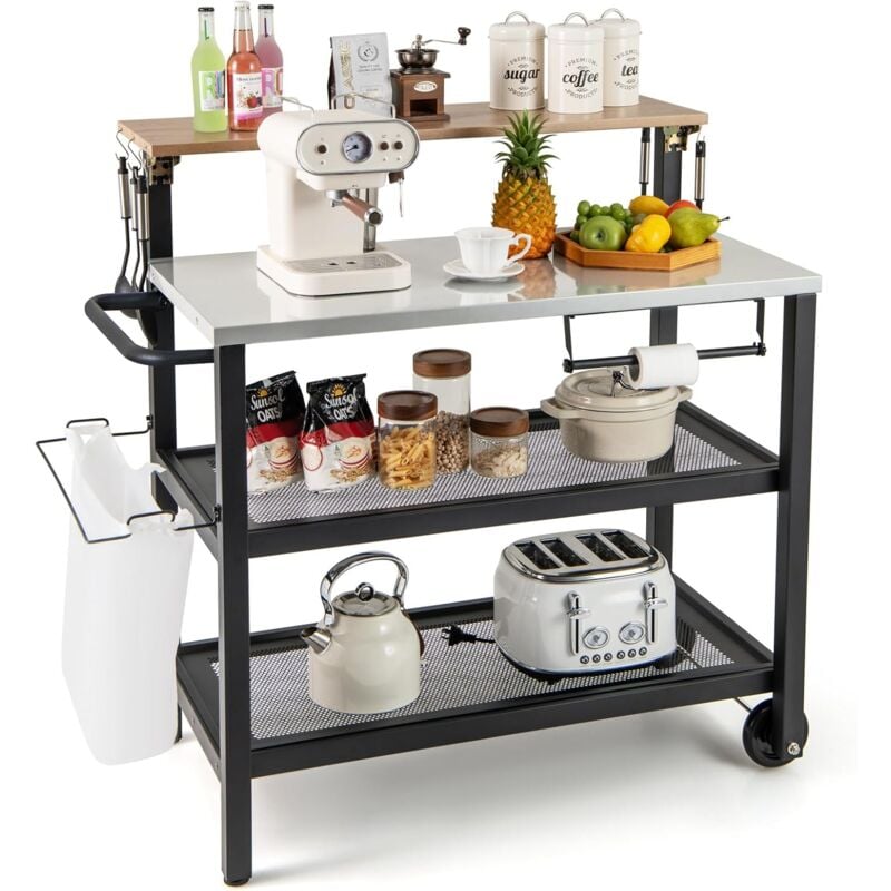 Desserte Extérieure à roulettes avec Table Rabattable, Chariot Service de Cuisine à 3 Étagères avec Crochets Porte-Serviettes Support de Sac