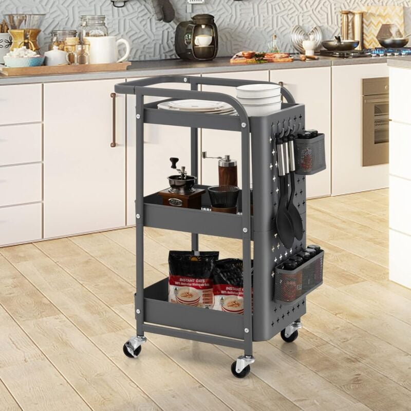 COSTWAY Desserte à roulettes 3 Niveaux en Acier Anti-Rouille avec 2 Panneaux P erforés, 4 Crochets, 2 Panier, Chariot de Cuisine avec Poignée et