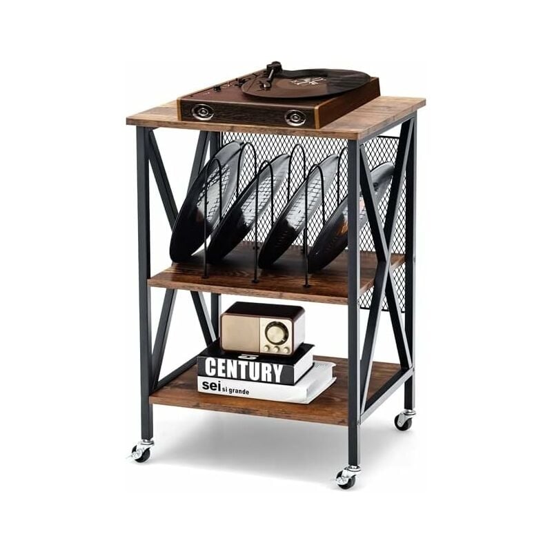 Costway - Desserte à Roulettes avec Support de Tourne-disque pour 250 Albums, Étagère de Rangement Cadre en Fer Roues Verrouillables pour Salon