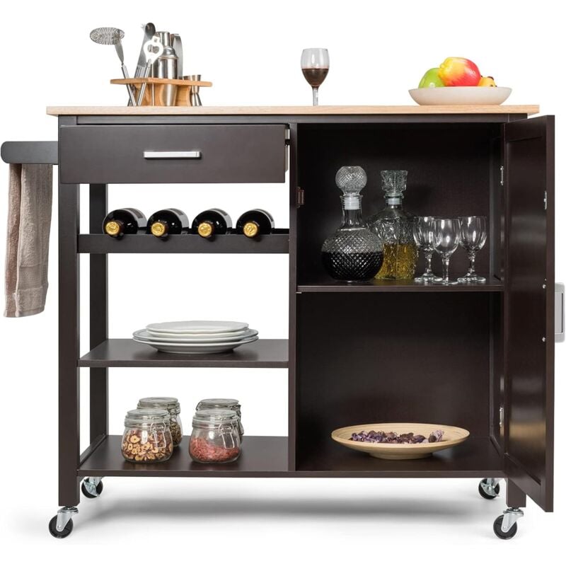 Costway - Desserte/Chariot de Cuisine à Roulettes - 100 x 48 x 90 cm - îlot de Cuisine - Tiroir - Placard - Porte-serviettes - Marron