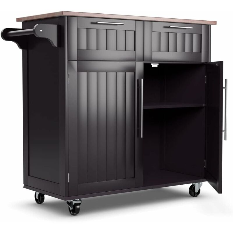 Costway – Desserte de cuisine îlot central avec 2 tiroirs et 2 placards – Bois d'hévéa et pin – 94x41x94cm – 4 roues universelles avec freins – Brun
