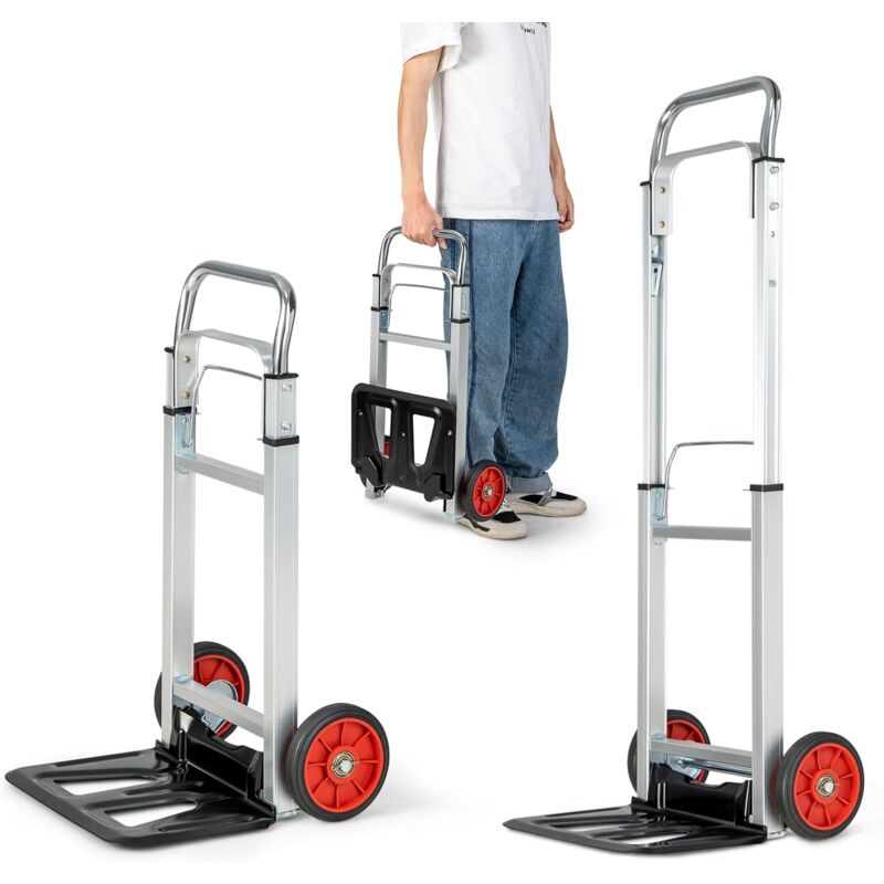 COSTWAY  Diable Pliant en Aluminium Charge 100 KG, Diable de Manutention D&eacute;m&eacute;nagement L&eacute;ger & Compact &agrave; 2 Roues, Poign&eacute;e R&eacute;glable en Hauteur, Chariot
