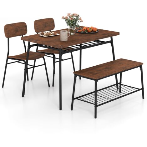COSTWAY Dining Table Set for 4 Dining Room Kitchen Table w/ Bench-Brown