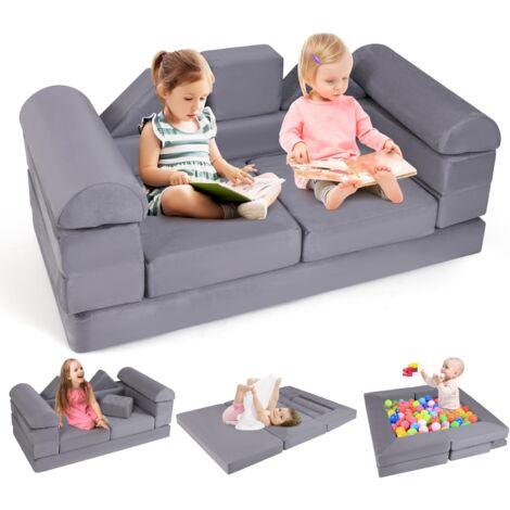 COSTWAY Divano Modulare per Bambini, 9 Pezzi, Divano Letto per Bambini in Schiuma con Tessuto Suede, Coperture Lavabili, Divano Convertibile per Stanze da Gioco, Camere da Letto, Soggiorno (Grigio)