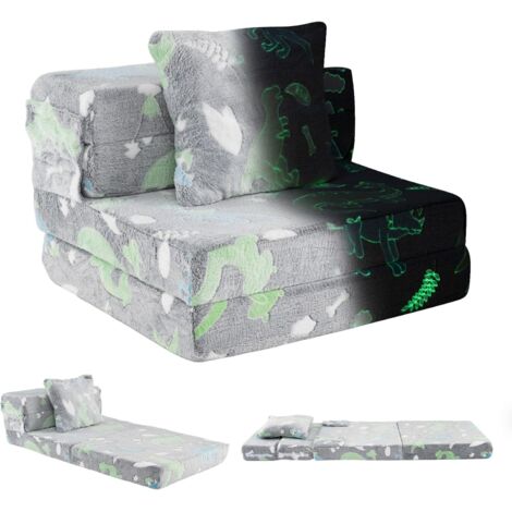 COSTWAY Divano per Bambini Che Luminesce, Divano Letto 3-in-1 con Coperture Lavabili a Cerniera e Cuscino Extra, Fantasie Adorabili di Unicorno/Dinosauro, Materasso Pieghevole per Nido (Grigio)