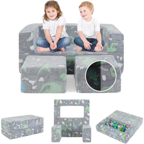 COSTWAY Divano Pieghevole 3 in 1 per Bambini Brilla al Buio, Poltrona Bambini con Rivestimento in Flanella Rimovibile e Lavabile, Pouf per Cameretta (Dinosauro Grigio)