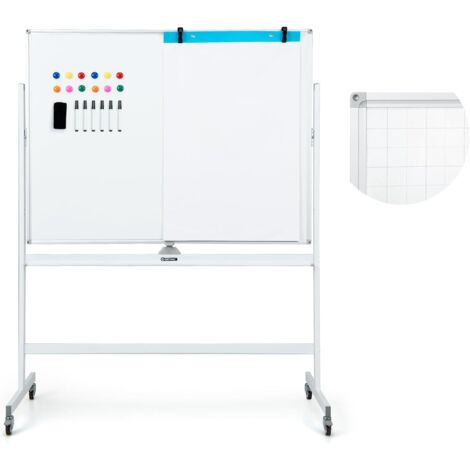COSTWAY Doppelseitiges mobiles Whiteboard, 120 x 90 cm, Trocken abwischbares magnetisches Whiteboard mit Gittermuster, Rollen, Ständer und Stiftablage, inkl. Zubehör für Büro, Zuhause (Weiß)
