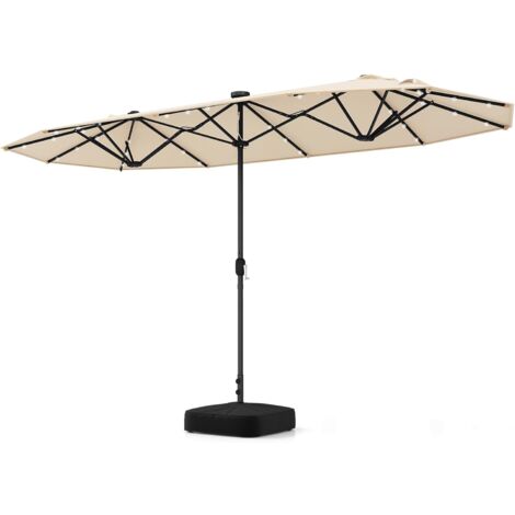 COSTWAY Doppelsonnenschirm mit Ständer und LED-Leuchten, 400 x 200 cm, Sonnenschirm Groß XXL, UPF 50+, Gartenschirm mit Kurbel, Terrassenschirm, Marktschirm für Garten, Terrasse & Pool (Beige)