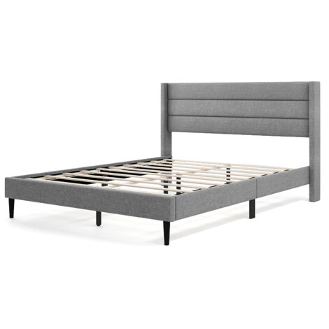 COSTWAY Double Bed Frame Linen Upholstered Platform Bed w/Headboard-Grey