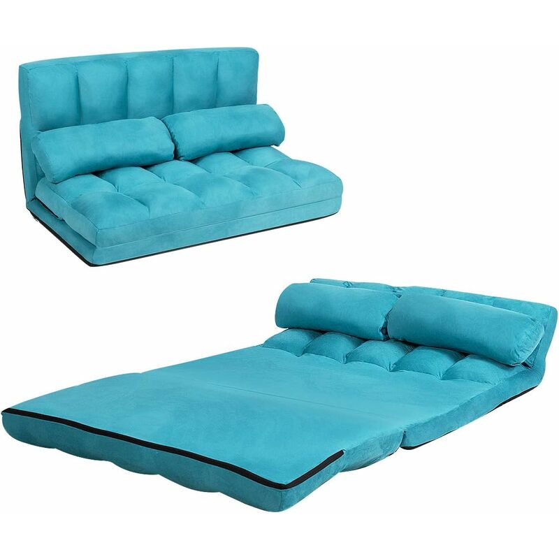 Double Folding Sofa Bed, 6-Position Adjustable Lounger Sleeper Seat Chair With 2 Pillows, Home Office Living Room Bedroom Floor Lazy Sofa Bed (Blue)