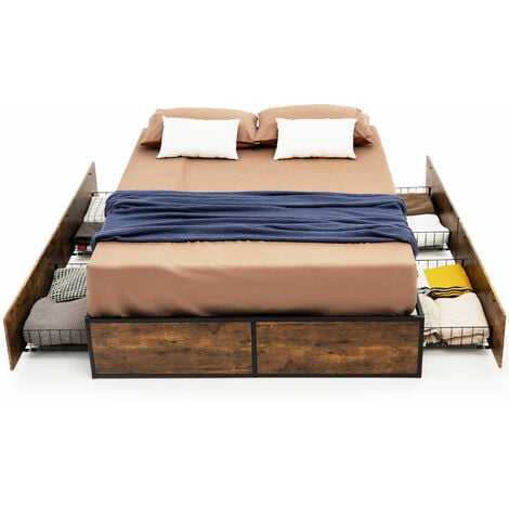 COSTWAY Double Metal Bed Frame with 4 Underbed Storage Drawers Rustic Brown