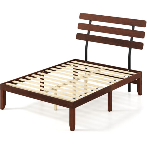 COSTWAY Double Size Bed Frame Solid Wood Platform Bed w/Retro Headboard-Walnut