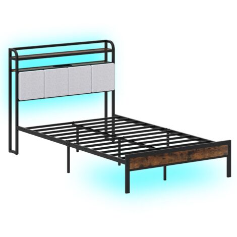 COSTWAY Double Size Bed Frame w/ LED Light & Charging Station-Brown
