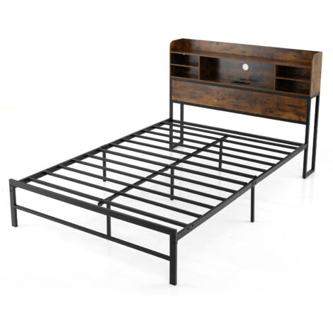 COSTWAY Double Size Bed Frame with Adjustable LED Lights Charging Ports Black