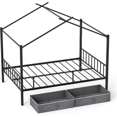 COSTWAY Double Size House Bed Heavy-Duty Metal Platform Bed w/2 Drawers-Black
