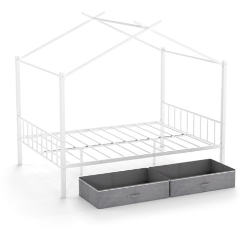 COSTWAY Double Size House Bed Heavy-Duty Metal Platform Bed w/2 Drawers-White