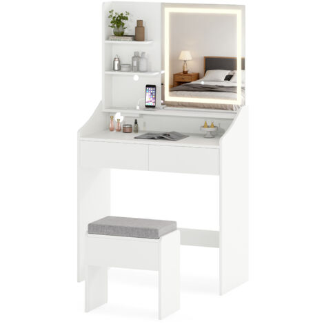 COSTWAY Dressing Table & Chair with 3 Light Colors Adjustable Brightness White