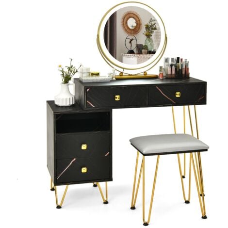 COSTWAY Dressing Table Set, Modern Vanity Makeup Table Stool Set with 3 Color Detachable LED Mirror, Home Bedroom Cosmetics Dresser Furniture Gift (Black with Side Cabinet)