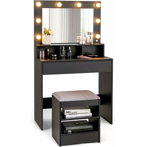 COSTWAY Dressing Table Set with LED Lights Hollywood Mirror,80 x 40 x 140cm,Drawer and Shelves, Modern Detachable Makeup Vanity Table Stool Set, Home Bedroom Furniture Cosmetics Dresser Gift
