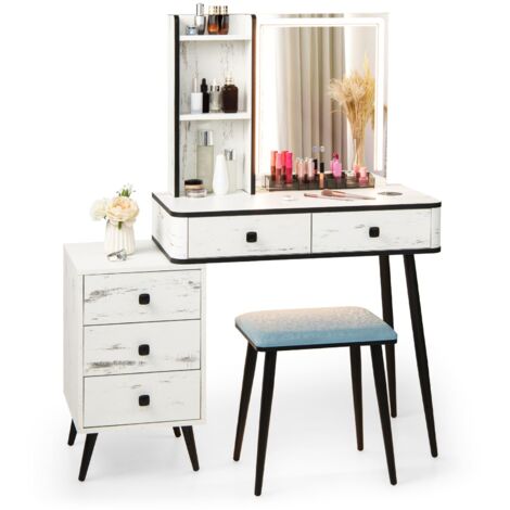 COSTWAY Dressing Table Vanity Set Makeup Stool 3-Drawer Chest Storage LED Light