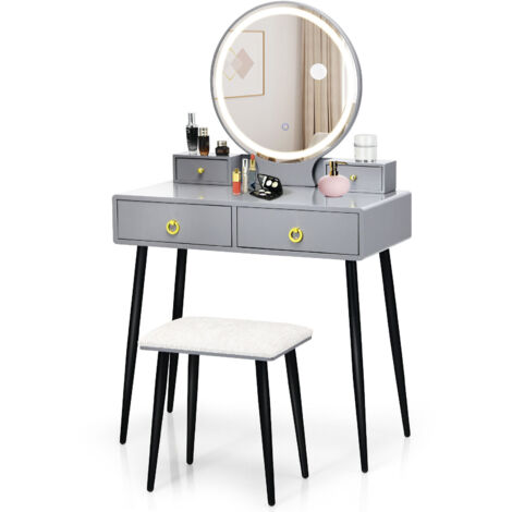 COSTWAY Dressing Vanity Table Set Makeup Desk Mirror And Stool w/3-Color LED Light