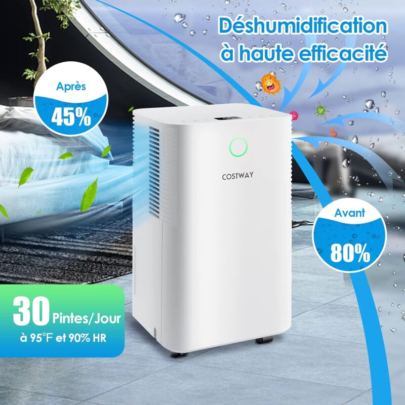 Costway - Déshumidificateur 14L/Jour Réservoir d'Eau 2L Minuterie 24H 3 Modes 2 Vitesses Dégivrage Automatique Pièces jusqu'à 15 m²