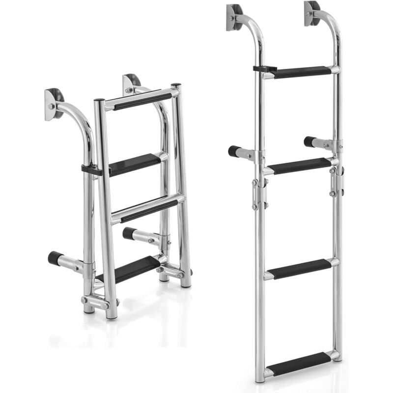 Costway - chelle de Piscine Pliable à 4 Marches en Acier Inoxydable, Échelle de Securité avec Adaptateur de Sol Clips et Support Mural Charge 227KG,