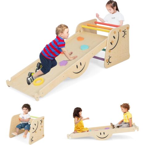 Costway – Échelle d'escalade Montessori enfants – Bois de pin massif – Rampe double face réglable – Toboggan inclus – 53 x 48 x 44 cm