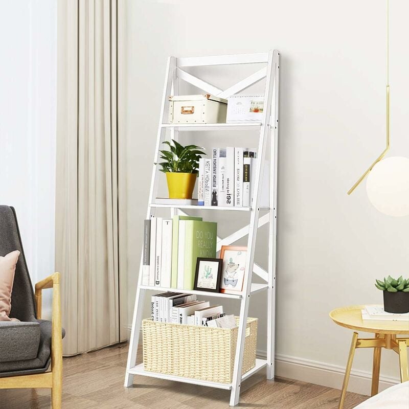 Chelle d'Etagère en Bois Échelle Bibliothèque Style Moderne avec 4 Tablettes pour Plantes, Livres 50,7x46x1x142,5CM Blanche - Costway