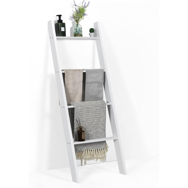 Costway - chelle Porte Serviette en Bois de Pin à 4 Niveaux Surface Biseautée Antidérapante 50x7,5x136,7 cm, Étagère Salle de Bain Entièrement Peint