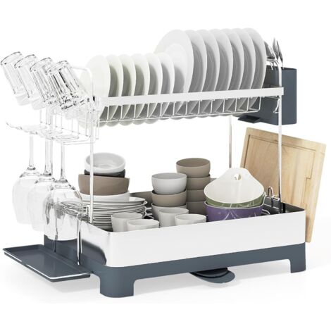 COSTWAY Égouttoir à Vaisselle en Acier Inoxydable, Égouttoir à Vaisselle à 2 Niveaux avec Bac d'Égouttage, Seau & Porte-Couverts, Bec Extensible et Pivotant, Organisateur pour Ustensiles de Cuisine