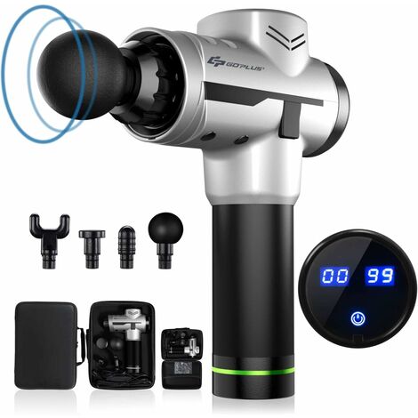 COSTWAY Elektrische Massagepistole, Deep Tissue Massage Gun, Muskelmassager mit 6 Geschwindigkeiten, Massagegeraet inkl. austauschabre Massagekoepfen und Reisetasche, Handmassagegeraet silber