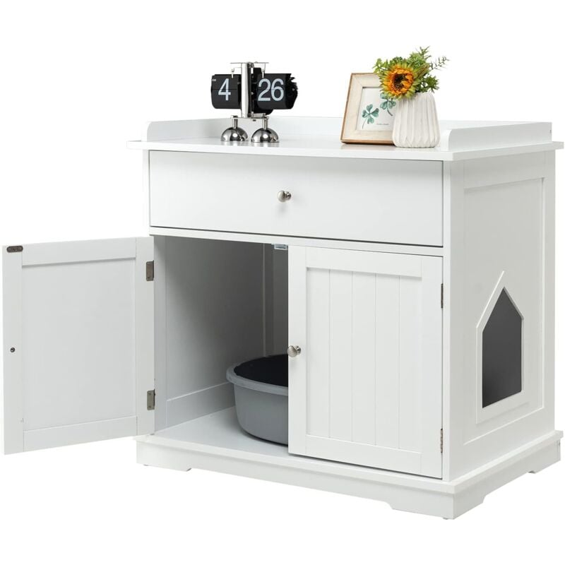 Enceinte de Bac à Litière pour Chat, Meubles de Toilette Cachés pour Chat avec Tiroir et 2 Portes, Table d'Appoint pour Chat, Meubles Modernes pour