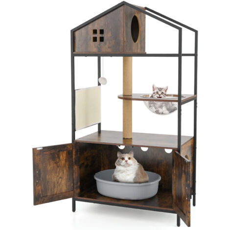 COSTWAY Enclosure Industrial Cat Tower 150CM Cat Tree with Litter Box Brown